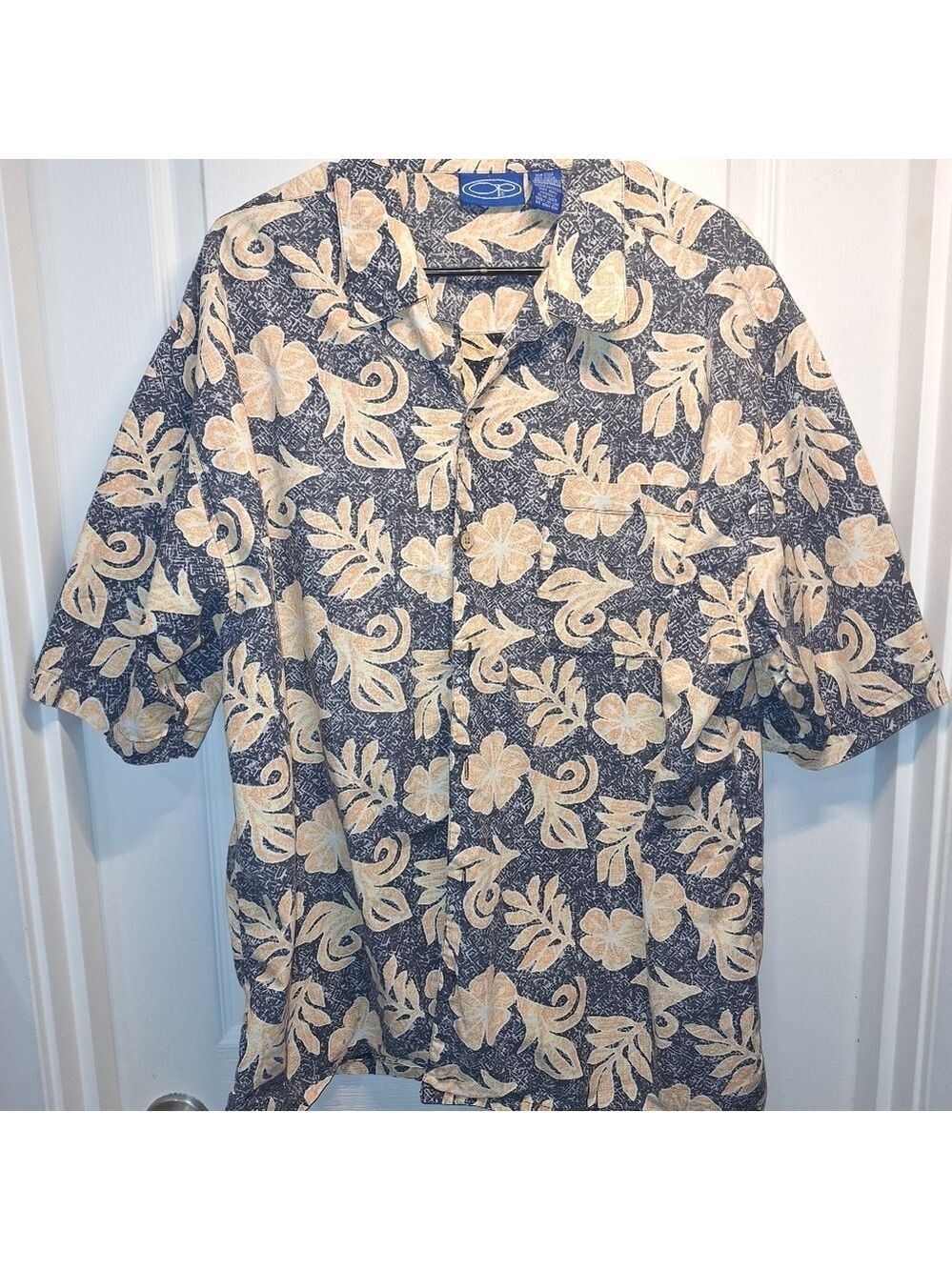 Vintage OP Hawaiian Style Shirt Men's XL Blue Cream Floral Pattern
